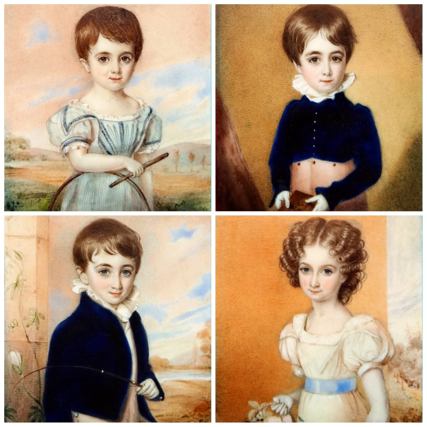 Collage aus vier farbenfrohen Gemälden, die Kinder in verschiedenen Posen und Outfits zeigen, jedes mit einzigartigen Gesichtsausdrücken und detaillierten Zügen.