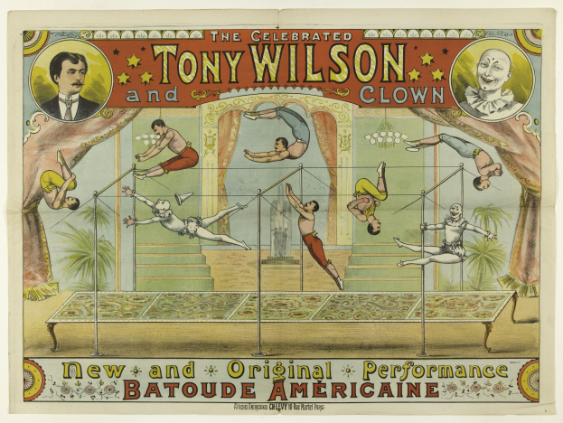 Poster featuring Tony Wilson and the Clown with acrobats performing on poles in the foreground and trees in the background, accompanied by text about the circus.