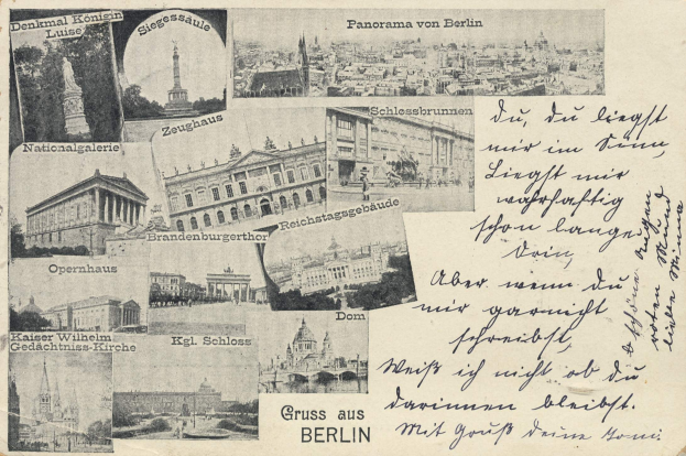 Collage of vintage Berlin postcard images featuring buildings, trees, and a statue, with handwritten text.