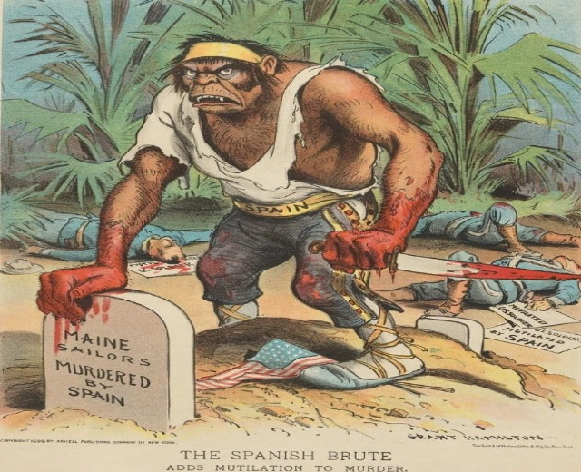 Cartoon eines Mannes mit einem Messer in der Hand, der über einem Grab mit Text steht, umgeben von liegenden Gestalten und Bäumen, mit der Unterschrift "Der spanische Barbar fügt Verstümmelung dem Mord hinzu" unten.