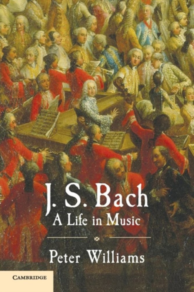 Ein Plakat für "Ein Leben in Musik" von J.S. Bach, das eine Gruppe von Menschen zeigt, die verschiedene Musikinstrumente spielen, mit dem Buchtitel oben.