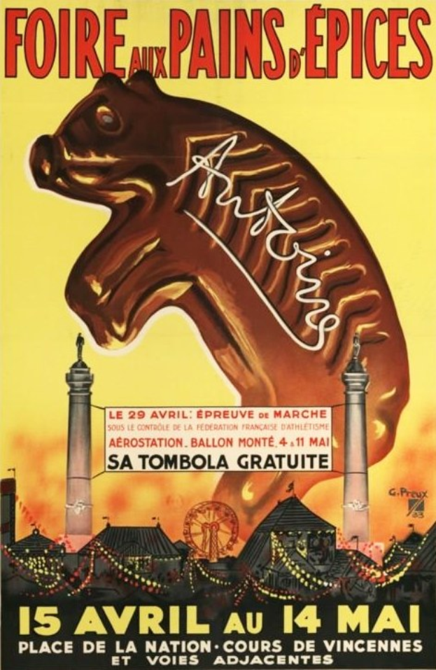 Zirkusposter in Paris mit einem Pferd, zwei Türmen, einem Riesenrad und dem Text 'Faire aux Pains de Epices' oben.