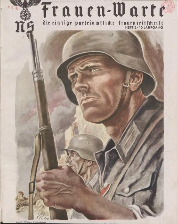 Ein deutsches Propagandaplakat aus dem Zweiten Weltkrieg, das einen Mann in Uniform mit einem Gewehr zeigt, mit zwei weiteren Personen im Hintergrund, Text und Logo.