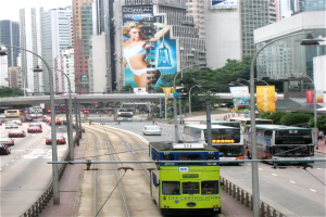 Eine belebte Stadtstraße mit Doppeldeckerbussen, Autos und anderen Fahrzeugen, mit Pfählen, Straßenlaternen, Schildern, Bäumen, einer Brücke, hohen Gebäuden und einem klaren blauen Himmel, mit Text am unteren Rand.