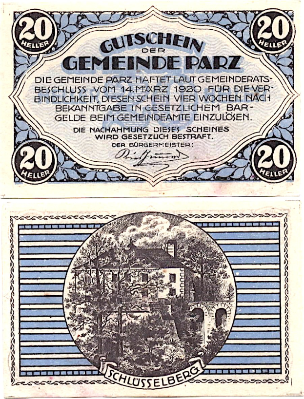Alter deutscher 20-Pfennig-Banknote mit einem Gebäude und Bäumen, mit der Inschrift "Gutschein Gemeinde Park".