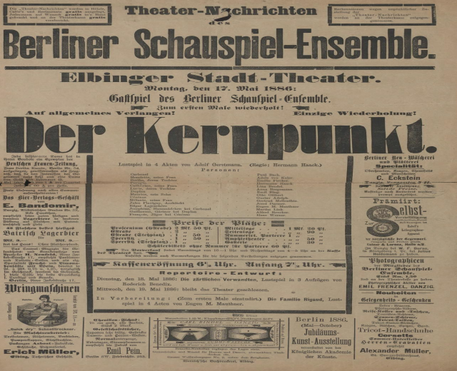 Alte Zeitungsanzeige für das Berliner Schauspiel-Ensemble mit einem Mann im Anzug und Krawatte.