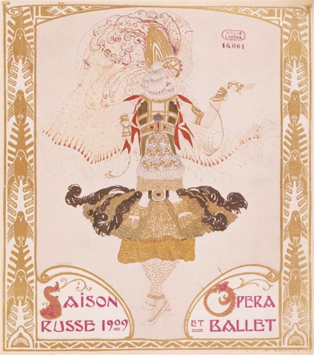 Plakat für eine 1909er Pariser Ballettvorstellung mit dem Titel "Saison Russe", das eine gemalte Figur in einer anmutigen Pose mit der Aufschrift "Saison Russe" und "Opera et Ballet" darüber zeigt.
