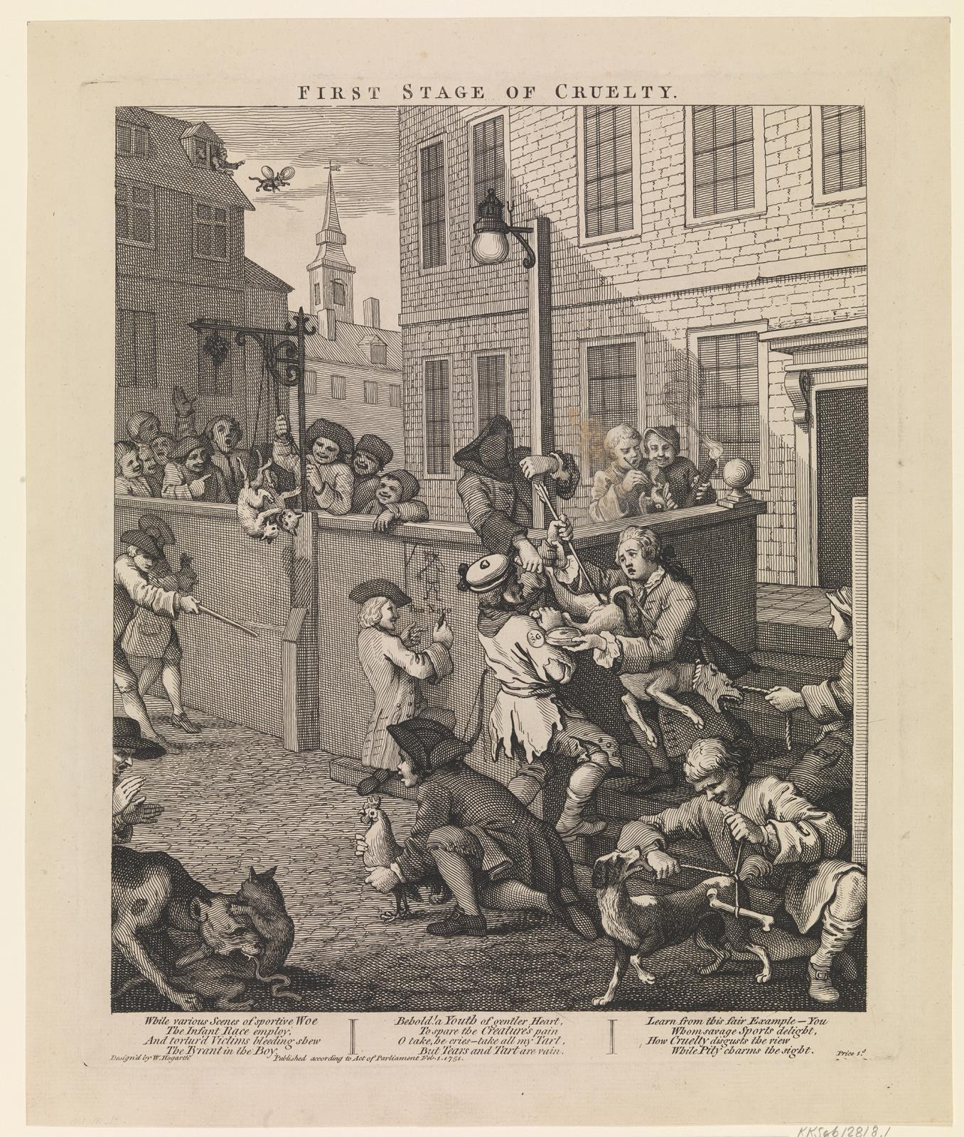 Eine Gruppe von Menschen und Tieren versammelt sich vor einem Gebäude mit Fenstern und einer Laterne, mit einem Himmel-Hintergrund und dem Text "Erste Stufe der Grausamkeit" unten.