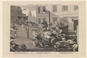 Eine Gruppe von Menschen und Tieren versammelt sich vor einem Gebäude mit Fenstern und einer Laterne, mit einem Himmel-Hintergrund und dem Text "Erste Stufe der Grausamkeit" unten.