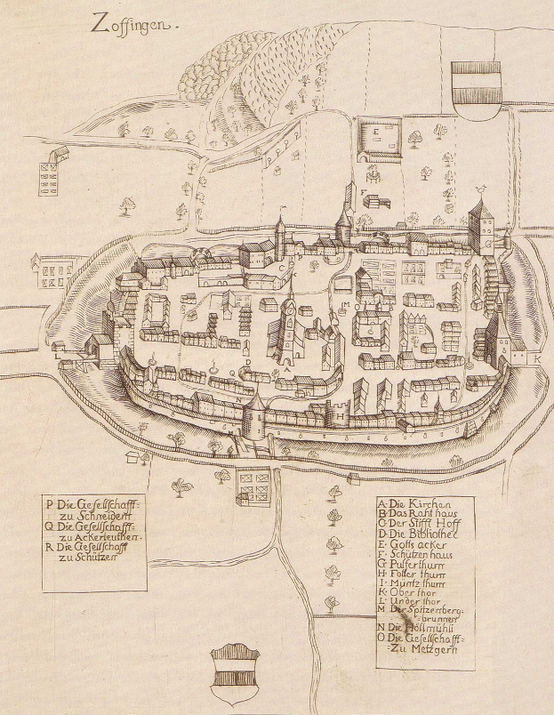 Ein detaillierter alter Stadtplan von Zoffingen, Deutschland, der den Stadtplan mit Straßen, Gebäuden, Bäumen und begleitendem Text zeigt, der Informationen über die Stadt bereitstellt.