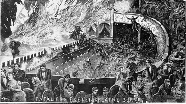 Schwarze und weiße Illustration einer panischen Menge in einem brennenden Theater, mit Rauch in der Luft und der Beschriftung 'Tödlicher Brand Exeter Theatre' unten.
