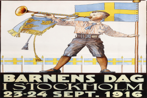 Ein Vintage-Plakat bewirbt ein Konzert aus dem Jahr 1916 in Stockholm, Schweden, das eine Person mit einer Fahne und einem Musikinstrument zeigt, sowie einen Zaun im Hintergrund und Text, der das Ereignis beschreibt.