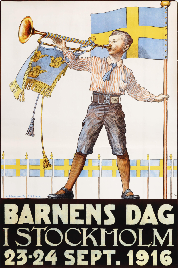 Ein Vintage-Plakat bewirbt ein Konzert aus dem Jahr 1916 in Stockholm, Schweden, das eine Person mit einer Fahne und einem Musikinstrument zeigt, sowie einen Zaun im Hintergrund und Text, der das Ereignis beschreibt.
