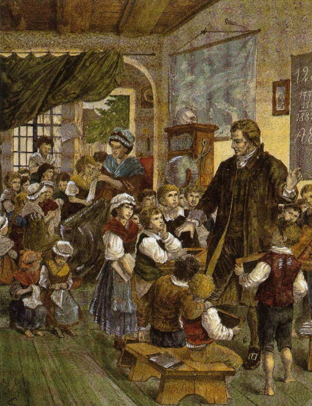 Ein Gemälde mit dem Titel "Die Lehrerklasse" von William Hogarth, das einen Mann vor einer Klasse mit Kindern zeigt, einige sitzen auf Bänken und andere stehen, mit einer Tafel, einem Foto, einem Fenster, einem Vorhang und einem Dach auf der rechten Seite.