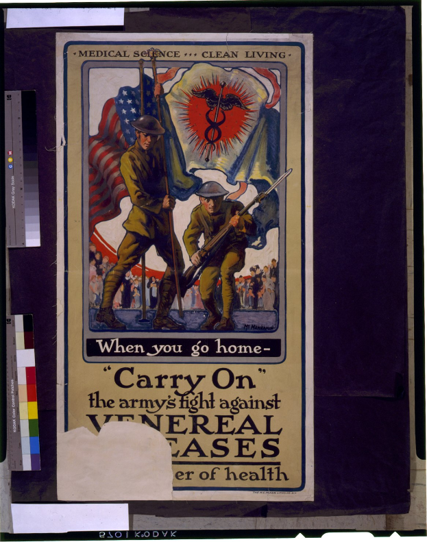 Ein Plakat mit zwei Personen, die Waffen halten und eine Fahne schwenken, mit dem Text: "Wenn du nach Hause gehst, führe den Kampf der Armee gegen allgemeine Gesundheitsfälle fort."