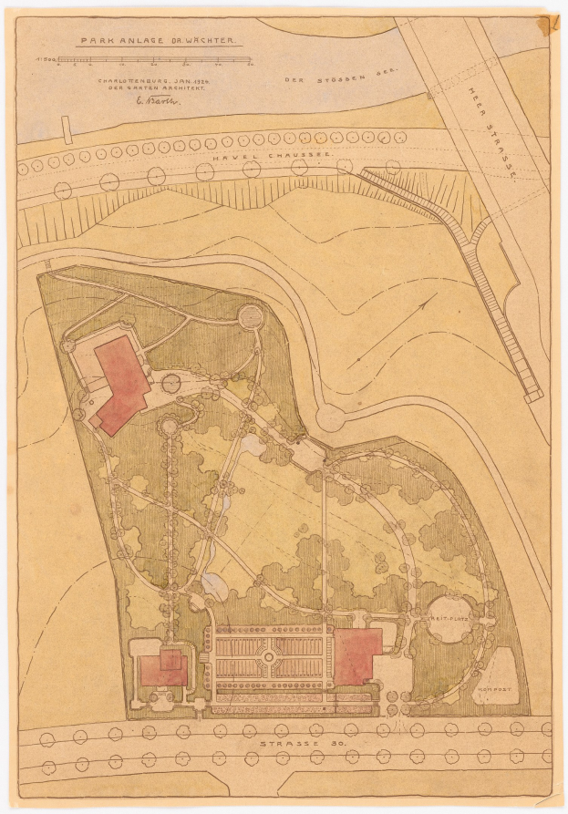 Detailierte alte Karte eines Parks mit Gebäuden, Bäumen, Straßen und Sehenswürdigkeiten auf altem Papier mit begleitendem Text.