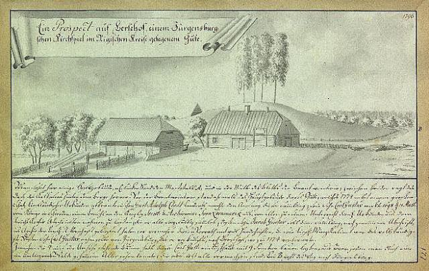 Ein altes Dokument mit einer Zeichnung eines Bauernhofs in einem Feld, umgeben von Häusern, Bäumen und einem Himmel, mit der Inschrift "Surgensburg, Deutschland - Landschaft eines Bauernhofs".
