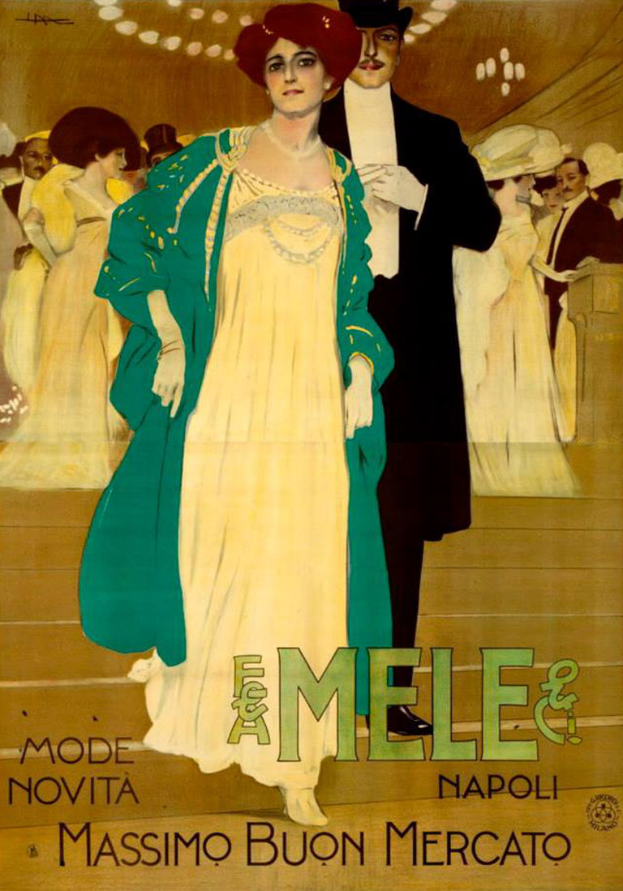 Ein Plakat, das eine Fashion Show mit einer Frau in einem weißen Kleid und einem Mann in einem schwarzen Anzug ankündigt.