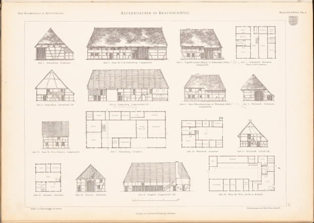 Ein offenes altes Buch mit Architekturhausplänen und detaillierten Entwürfen.