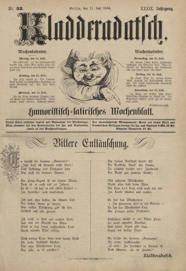 Ein altes Buch mit dem Titelblatt der deutschen Zeitung Kladerradath aus dem Jahr 1866, das ein Porträt eines Mannes zeigt, wahrscheinlich einen Clown, mit einem frechen Gesichtsausdruck, umgeben von Text.