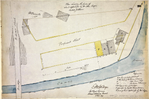 Detailierte Kartenskizze auf Papier mit Text, der einen vorgeschlagenen Standort beschreibt, einschließlich Straßen, Gebäuden, Sehenswürdigkeiten, Größe, Lage und Merkmale.