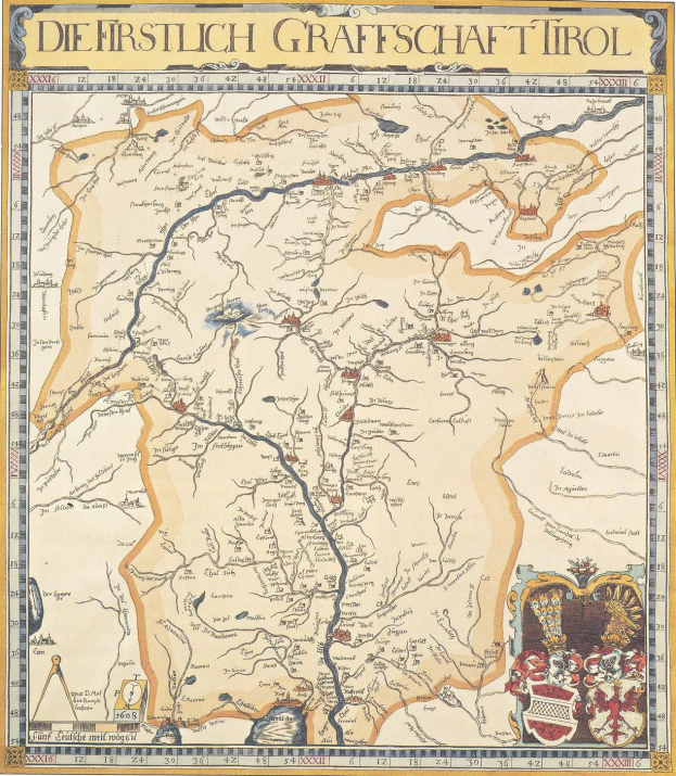 Ein detailliertes historisches Plakat der ersten Grafschaft Tirol-Karte, das geographische Merkmale wie Flüsse, Berge und Städte sowie begleitenden Text über die Region und ihre Bewohner zeigt.