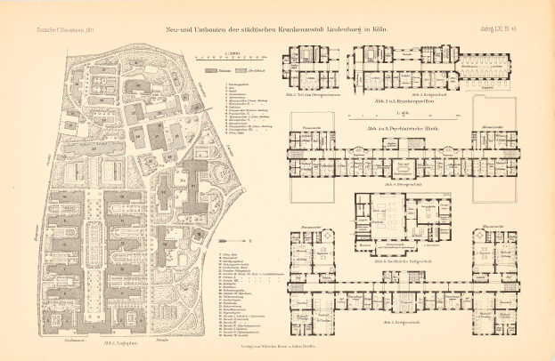 Detailierte alte Stadtkarte auf Papier, die Straßen, Gebäude, Parks und Sehenswürdigkeiten zeigt, mit begleitendem Text.