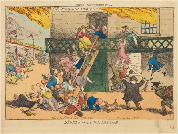 Eine Karikatur eines Landfestes mit Menschen, einem Gebäude, einem Zaun, wehenden Flaggen und einem bewölkten Himmel; Text unten lautet "Sportarten eines Landfestes".