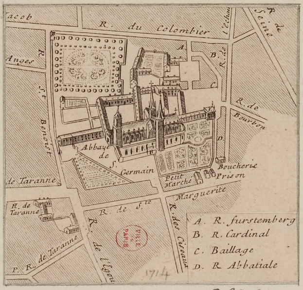Eine alte Karte einer Stadt mit einem zentralen Gebäude und beschreibendem Text auf dem Papier.