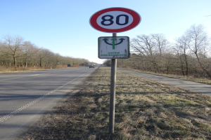 Geschwindigkeitsbegrenzungsschild neben einer Straße mit fahrenden Fahrzeugen, Gras, Bäumen und einem klaren blauen Himmel.