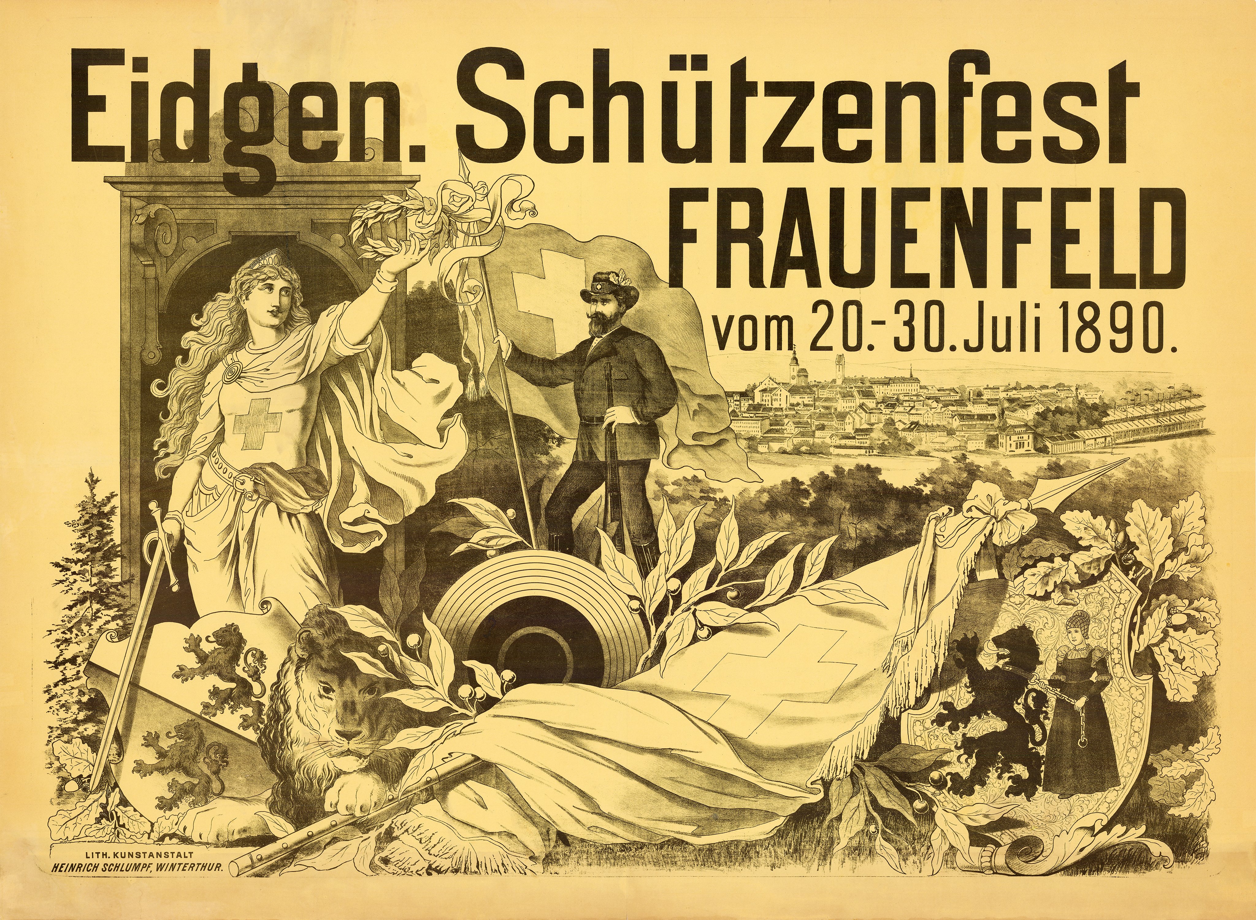 Ein Vintage-Plakat wirbt für das Eidgenössische Schützenfest in Frauenfeld, Deutschland, das einen Mann in einem Anzug und eine Frau in einem Kleid zeigt, die nebeneinander stehen, mit Text, der Informationen zum Ereignis enthält.