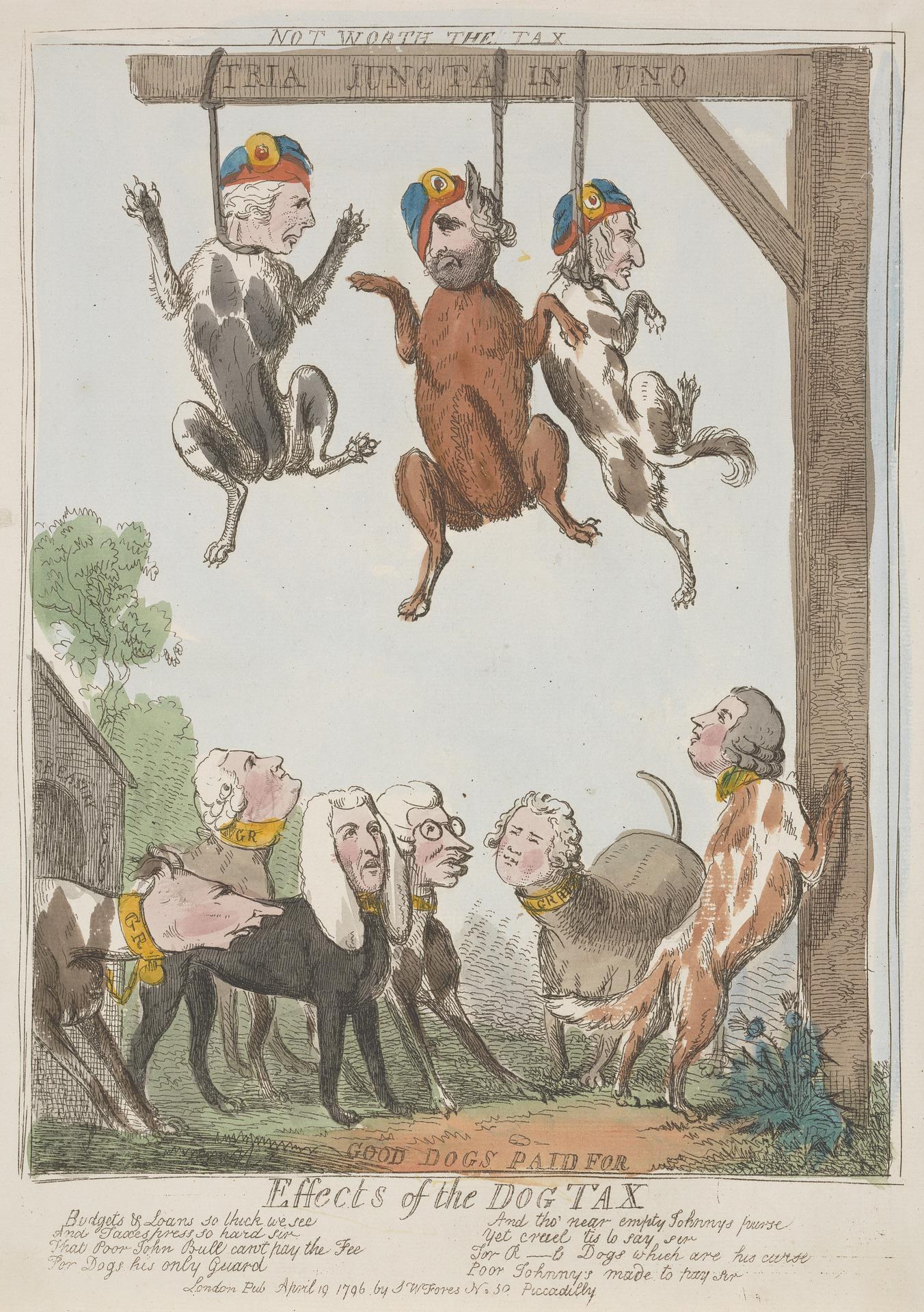 Eine Papierreproduktion, die Menschen und Tiere, einschließlich eines Hundes, zeigt, der an einem hölzernen Pfahl hängt, mit begleitendem Text, der wahrscheinlich mit der Hundesteuer zu tun hat.