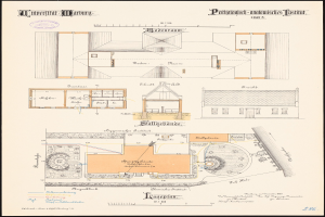 Schwarz-weißer architektonischer Grundriss eines großen Gebäudes mit zahlreichen Räumen und einem zentralen Innenhof, beschriftet als Universität Hamburg, mit handschriftlichen Anmerkungen auf dem Papier.