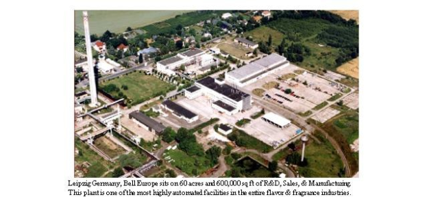 Luftaufnahme einer gro├čen Industrieanlage in Leipzig, Deutschland, beschriftet mit 'Bell Europe', mit Geb├Ąuden, B├Ąumen, Stra├čen und anderen Infrastruktur.
