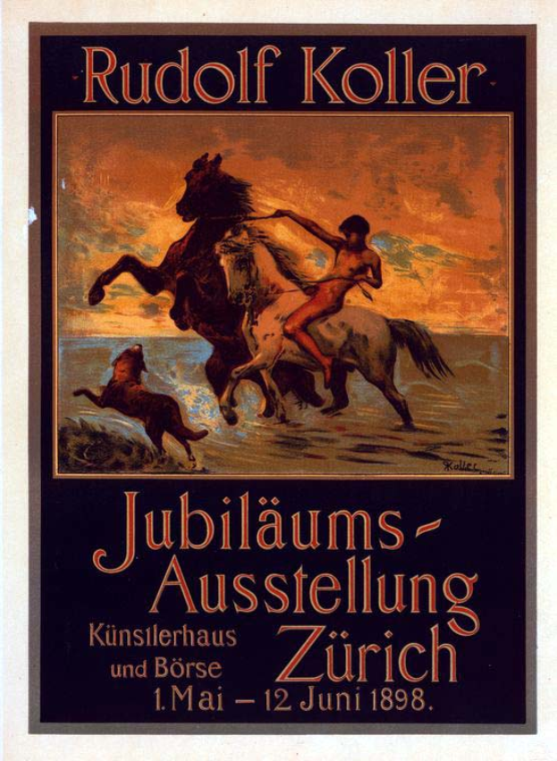 Ein Vintage-Plakat aus dem Jahr 1898, das Rudolf Koller's Jubiläums-Aussellung Zürich ankündigt und einen Mann auf einem Pferd zeigt.