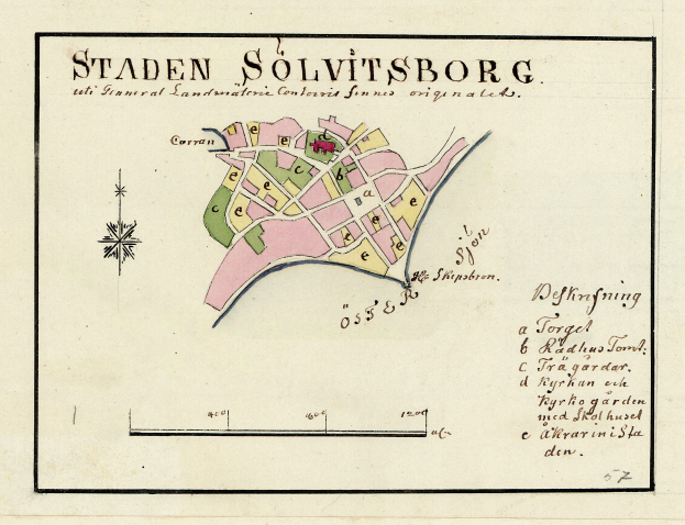 Ein detaillierter Stadtplan von Staden Solvitsborg, Schweden, der Straßen, Gebäude und Sehenswürdigkeiten zeigt, mit darauf geschriebenem Text.
