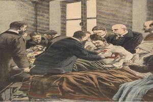 Eine Gruppe von Menschen versammelt sich um einen Mann in einem weißen Laborkittel und Stethoskop, der auf einem Bett in einem Raum mit einem Fenster liegt, mit Text, der unten "KÜNSTLER'S Tod in Paris" liest.