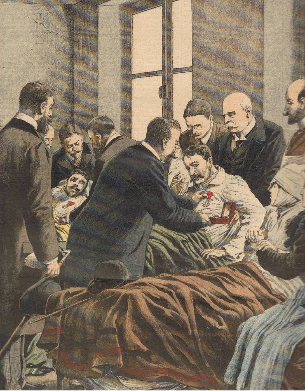 Eine Gruppe von Menschen versammelt sich um einen Mann in einem weißen Laborkittel und Stethoskop, der auf einem Bett in einem Raum mit einem Fenster liegt, mit Text, der unten "KÜNSTLER'S Tod in Paris" liest.