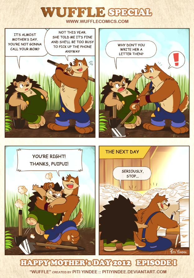 Ein Plakat mit Cartoon-Tieren, darunter ein Bär, ein Kaninchen, ein Fuchs und ein Eichhörnchen, alle strahlend, mit dem Text "Wuffle Special - Frohe Muttertag 2012 Episode 1" in gelber Schrift auf einem hellblauen Hintergrund.
