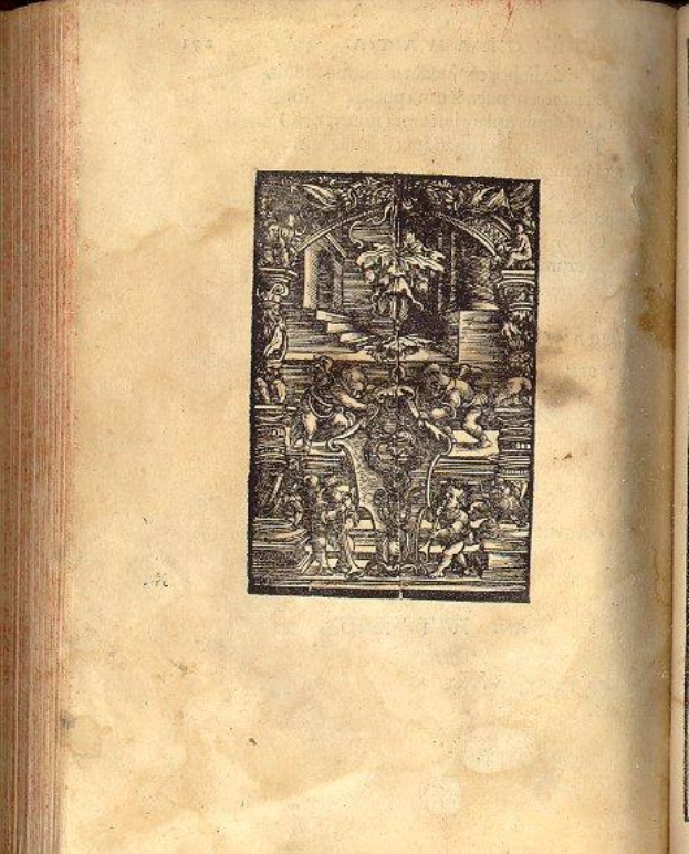Ein offenes Buch aus dem 16. Jahrhundert mit dem Titel "The Book of Hours", das eine detaillierte, kunstvoll Schwarz-Weiß-Zeichnung mit verschiedenen Formen und Farben zeigt.