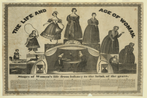 Eine bunte Papierreproduktion, die die Lebensphasen einer Frau von der Kindheit bis ins hohe Alter zeigt, mit kräftiger Schrift und detaillierten Elementen.