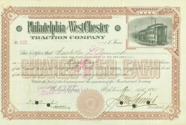 Ein Aktienzertifikat der Philadelphia West Chester Traction Company mit einer Abbildung eines Zugs auf der rechten Seite und gedrucktem Text.