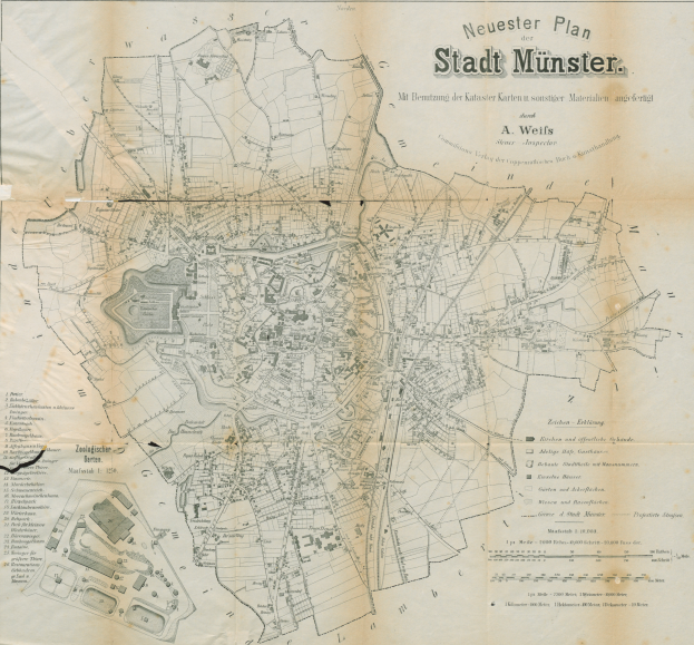 Ein detailliertes altes Stadtplan von Münster, Deutschland, der Straßen, Gebäude und Sehenswürdigkeiten mit Textanmerkungen zeigt.
