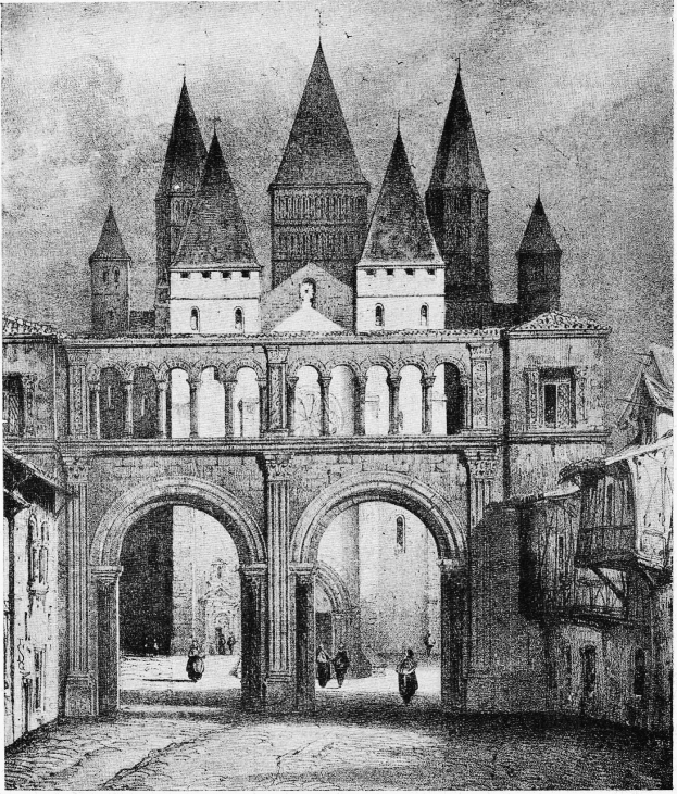 Schwarze und weiße Zeichnung einer Burg mit einem markanten Uhrenturm im Hintergrund, umgeben von Menschen, mit dem Text "Renaissance-Bogen" unten.