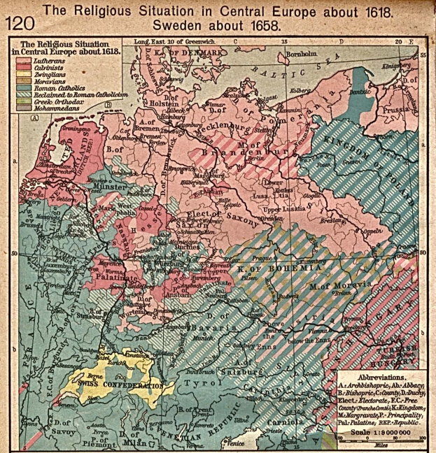 Posterkarte von Mitteleuropa aus dem Jahr 1618, die die religiöse Landschaft mit detaillierten Anmerkungen zeigt.