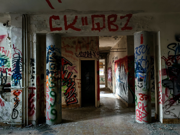 Ein verlassenes Gebäude mit Graffiti an den Wänden und Säulen, sichtbarer Boden, Rohre entlang der Wände und eine Tür im Hintergrund.