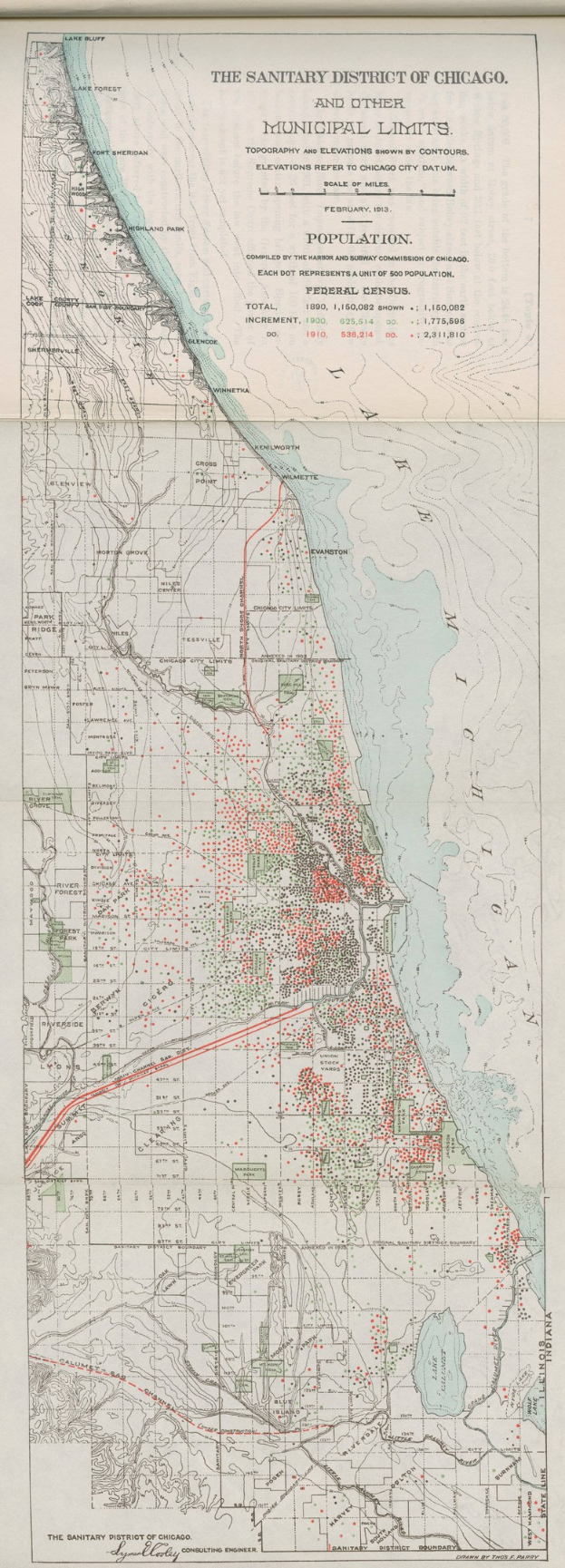 Schwarze und weiße Karte des Sanitätsbezirks von Chicago, die die städtischen Grenzen und Textdetails zeigt.