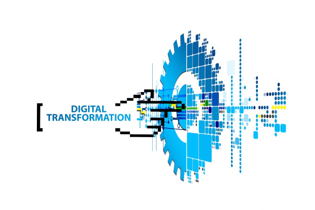Digitalisierung-Logo mit dem Text "Digitalisierung" in der Mitte auf einem weißen Hintergrund, mit einem Design aus blauen, schwarzen und gelben Punkten.