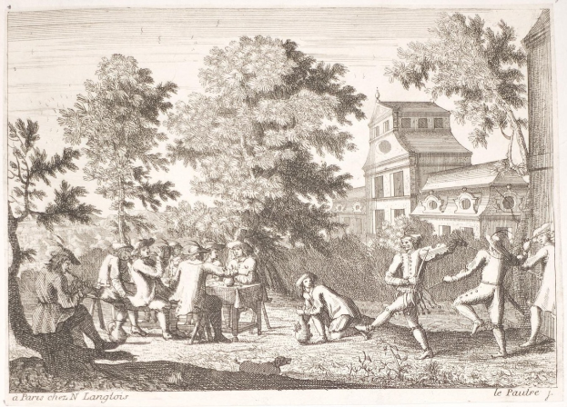 Eine Gruppe von Menschen spielt ein Spiel in einem Park mit Bäumen und einem Gebäude im Hintergrund, mit Text am unteren Rand.