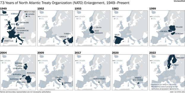 Karte zeigt die NATO-Erweiterung von 1949 bis heute, wobei die Regionen farblich nach dem Jahr der Aufnahme codiert sind.